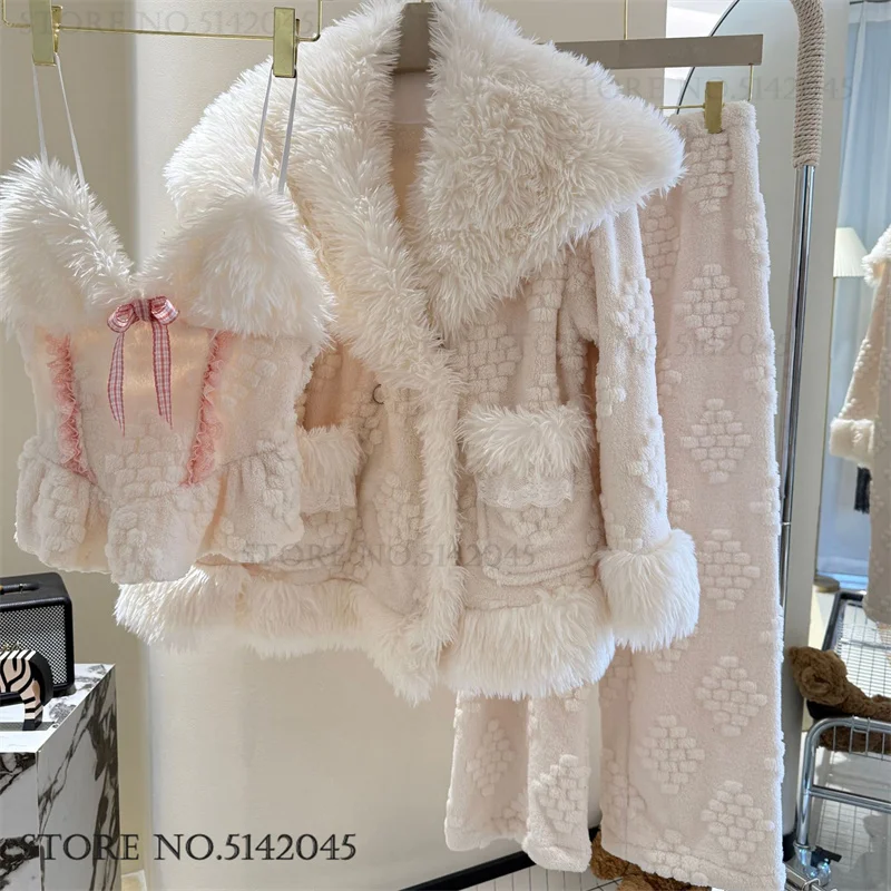 

Новый зимний милый стильный фланелевой пижамный комплект из 3 предметов, женская одежда для сна, утепленная теплая ночная рубашка из кораллового флиса, домашняя одежда, свободная одежда для отдыха