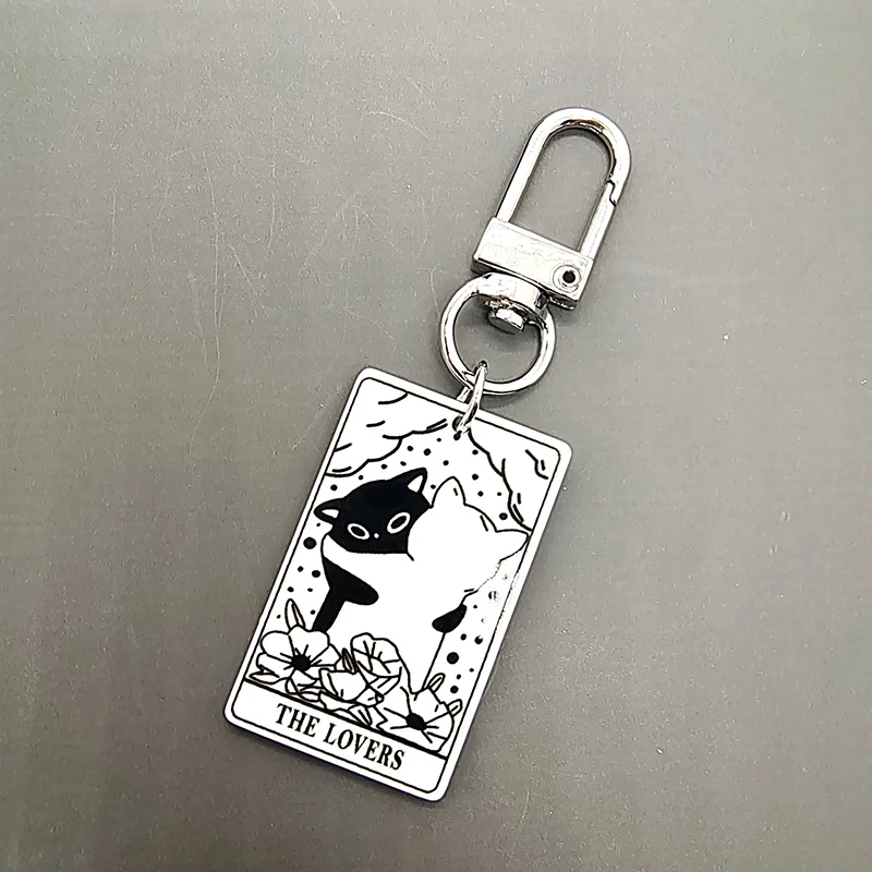 Acrylic Black White Cat Tarot Card Game Keychain Key Ring For Women Men Creative Funny Animal Pendent Bag Box Car Holder Jewelry