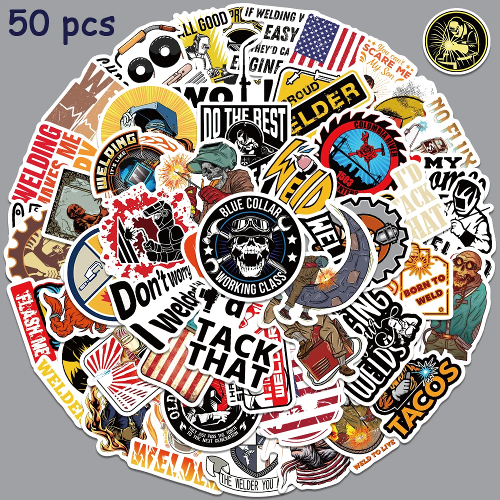 50pcs Vintage Welder Stickers Funny Graffiti Decals For Laptop Stationery Skateboard Guitar Diary Bottle Waterproof Stickers