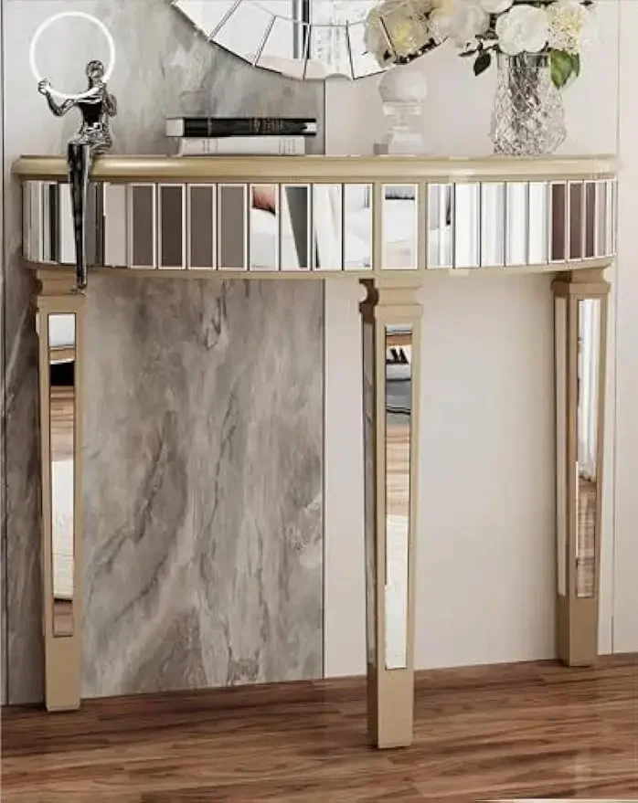 

Half-Moon Mirrored Console Table: Tall Decorative Semi Circle Sofa Table 3 Leg Desk with Shelf and Beveled Glass Mirror Modern =