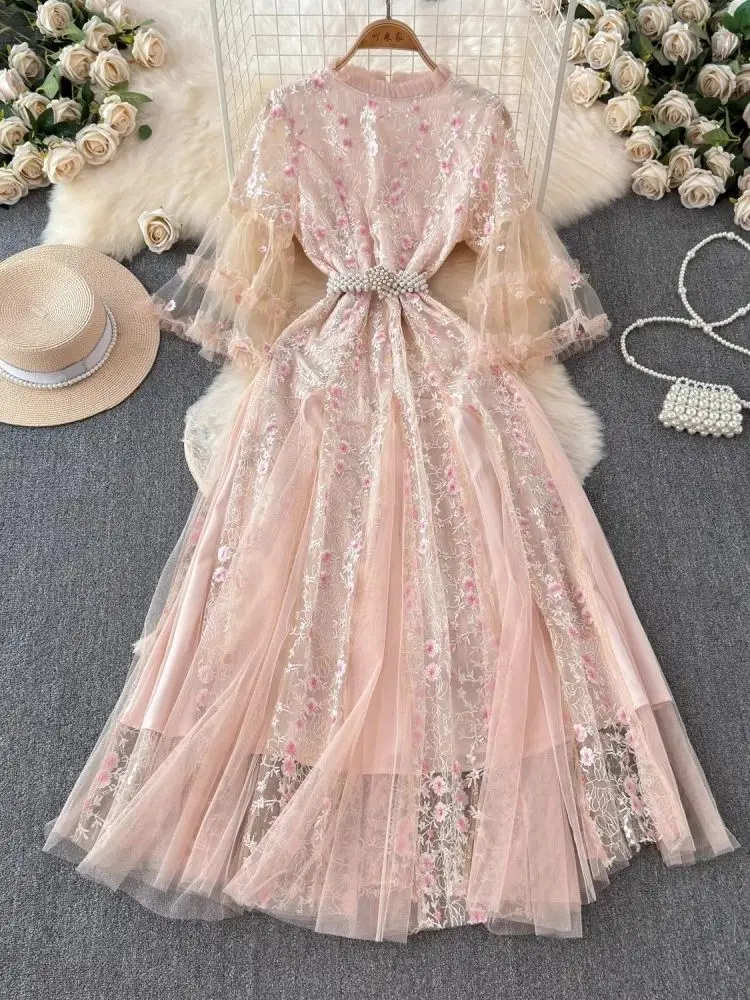 Quality Summer Midi Flower Embroidery Pink Lace Prom Evening Dress Women Luxury Pearls Belt Wedding Dresses Long Vestidos