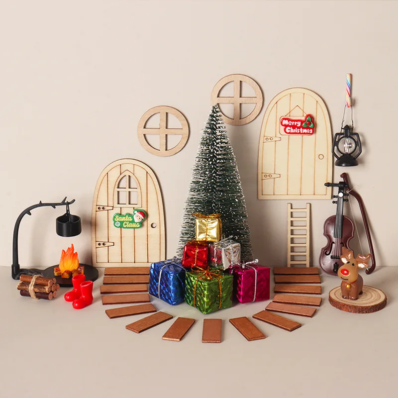 Mini Christmas Fairy Door Scene Kit,Dollhouse Xmas Entryway Accessory,Wooden Elf Door Tree Fire Pit Gift Box Prop for OB11Layout