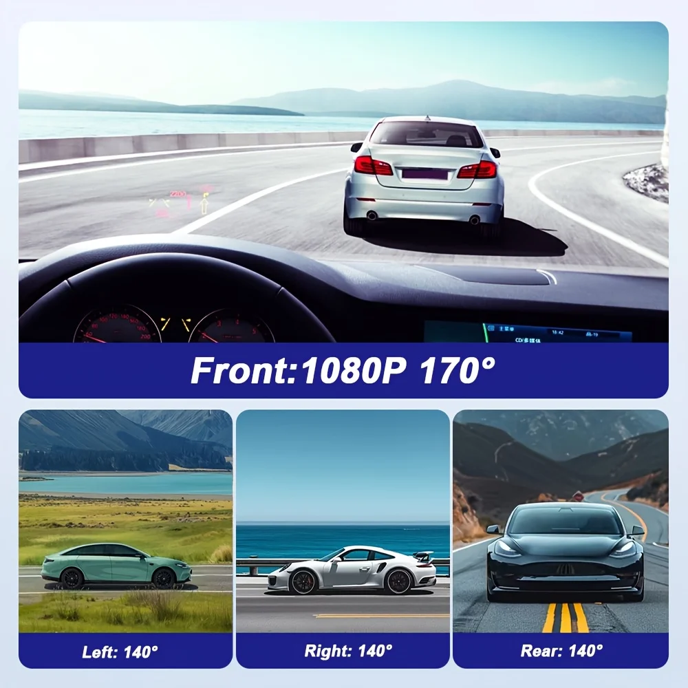 4 Channel Dash Cam Front 1080P and 3 Way 720P Left Right Rear Car Driving Recorder 24/7 Parking Monitor Night Vision DVR Camera