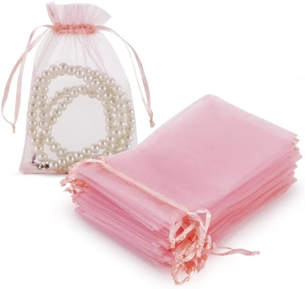 100pcs Pink Organza Drawstring Jewelry Small Bag for Earring Favor Wrapping Packing Pouch Packaging Wedding Businesses Organizer