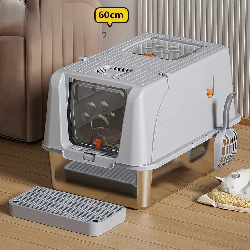 

Flip Up Stainless Steel Cat Litter Box Fully Enclosed Oversized Cat Toilet Splash Proof Detachable Semi Enclosed Cat Litter Box