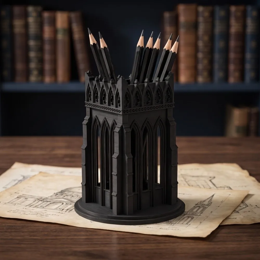 Retro Gothic Church-Style Pen Holder Delicate 3D Printed Desktop Ornament Vintage Large Capacity Storage Display Shelf Home