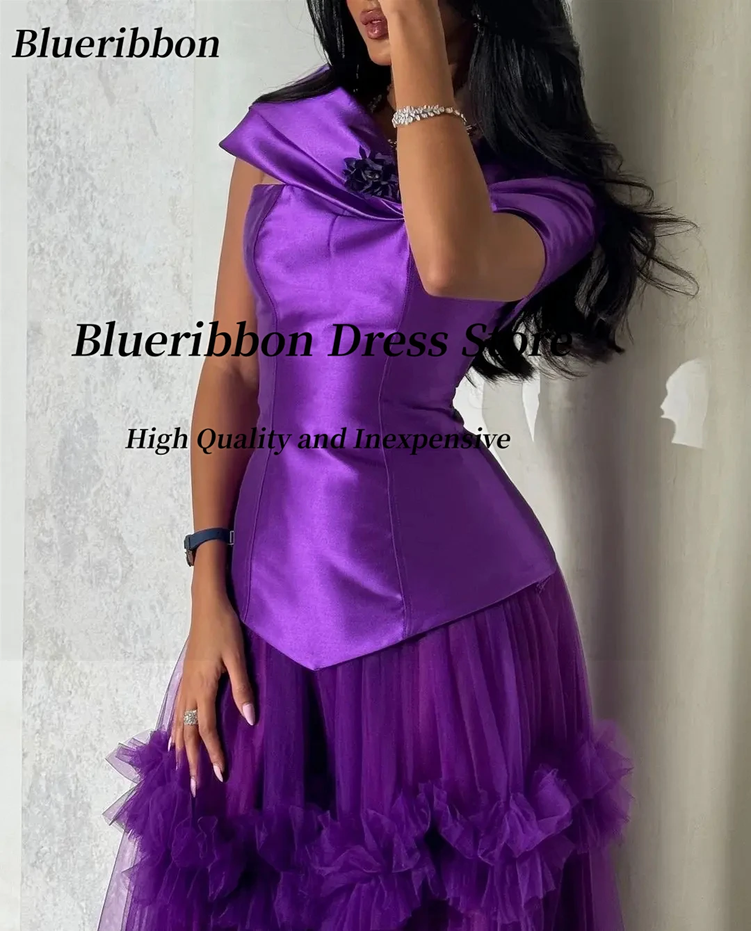 Blueribbon Customized Ruffles Tiered Tulle Long Prom Dresses Off Shoulder Zipper Back Evening Party Gowns Saudi Arabia Women