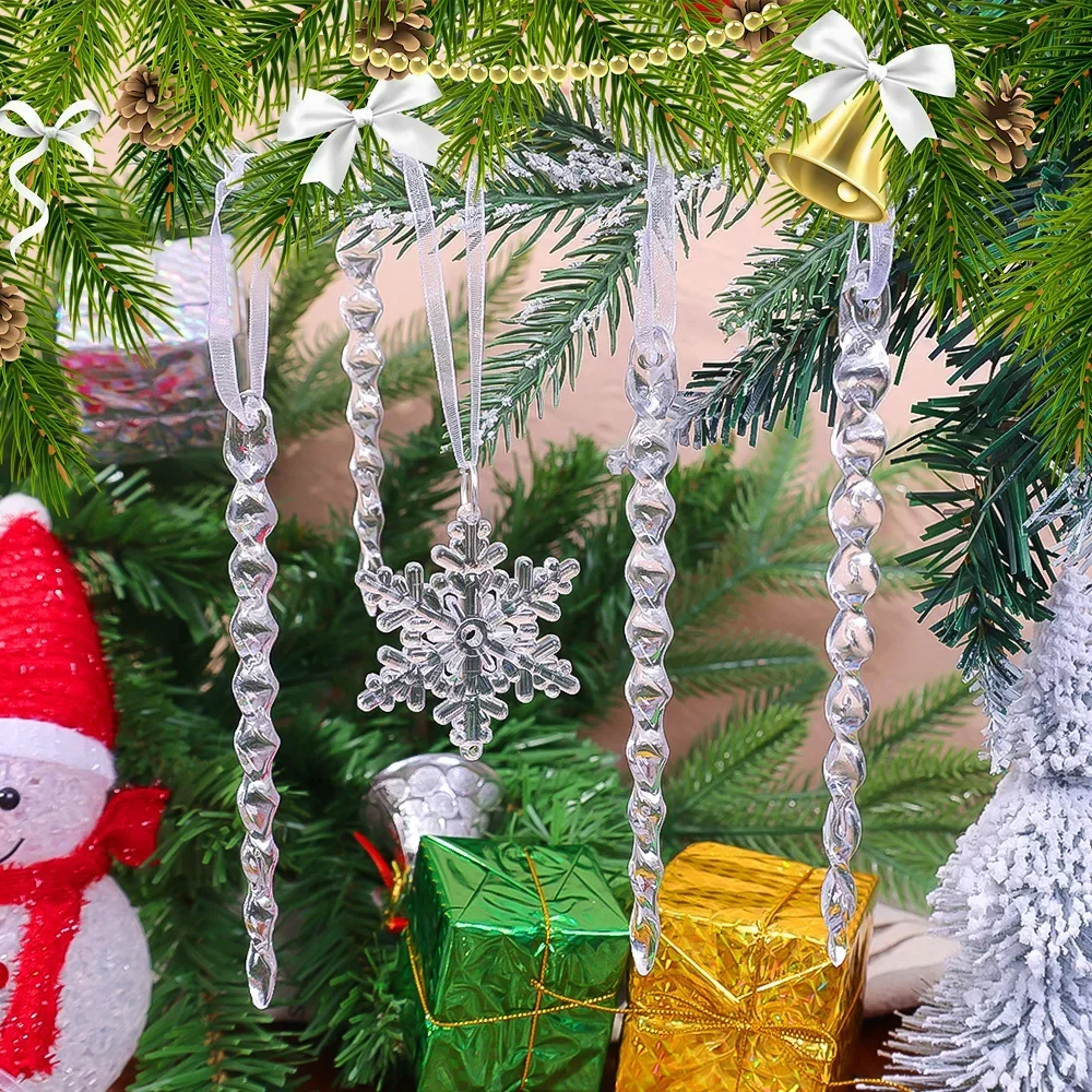 2/12pcs Simulation Acrylic Snowflake Pendants Transparent Ice Drop Icicle Christmas Tree Hanging Ornaments Home Gift Decorations