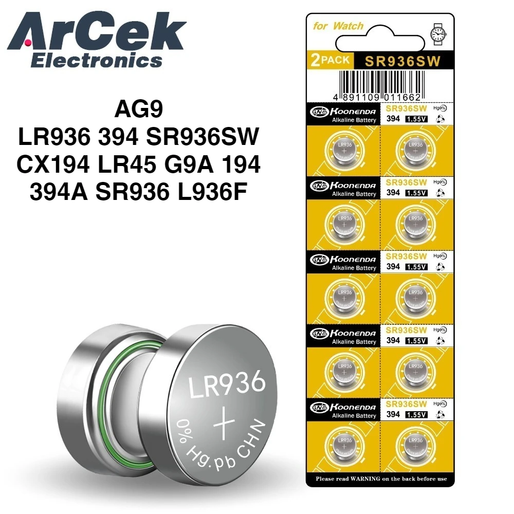 10PCS 1.55V AG9 Button Battery LR936 394 SR936SW CX194 LR45 G9A 194 394A SR936 L936F Cell Coin Batteries for Watch Toys Remote