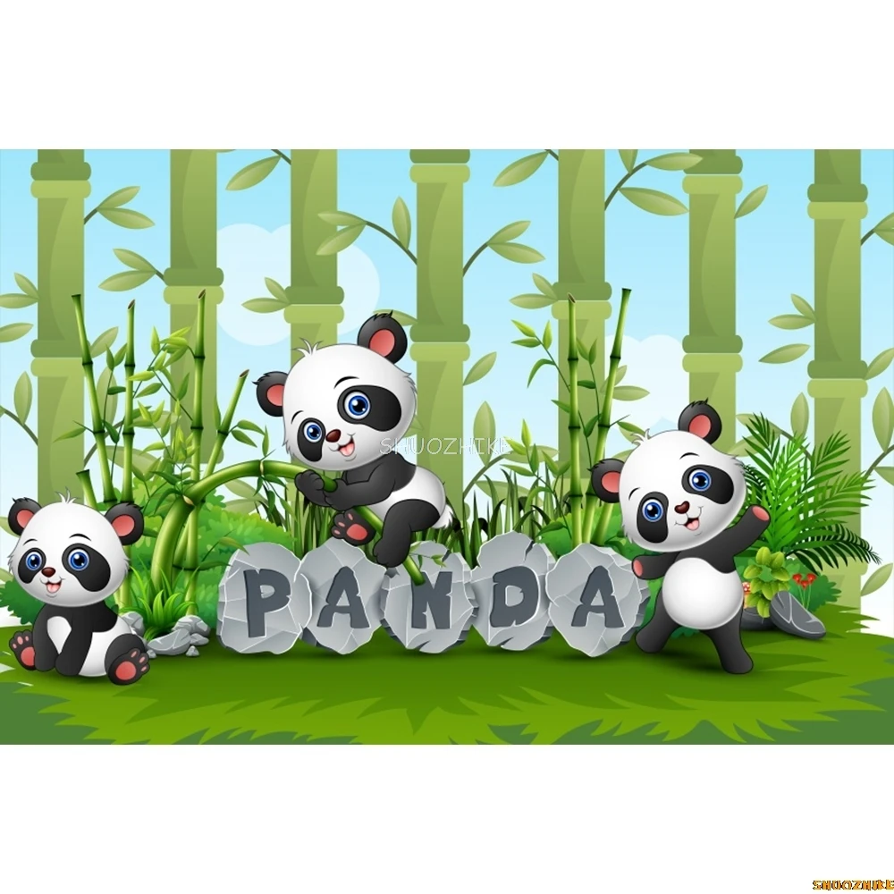 Cute Cartoon Panda Backdrop Bamboo Flowers Panda Banner for Baby Shower Newborn Birthday Party Decoration Photography Background