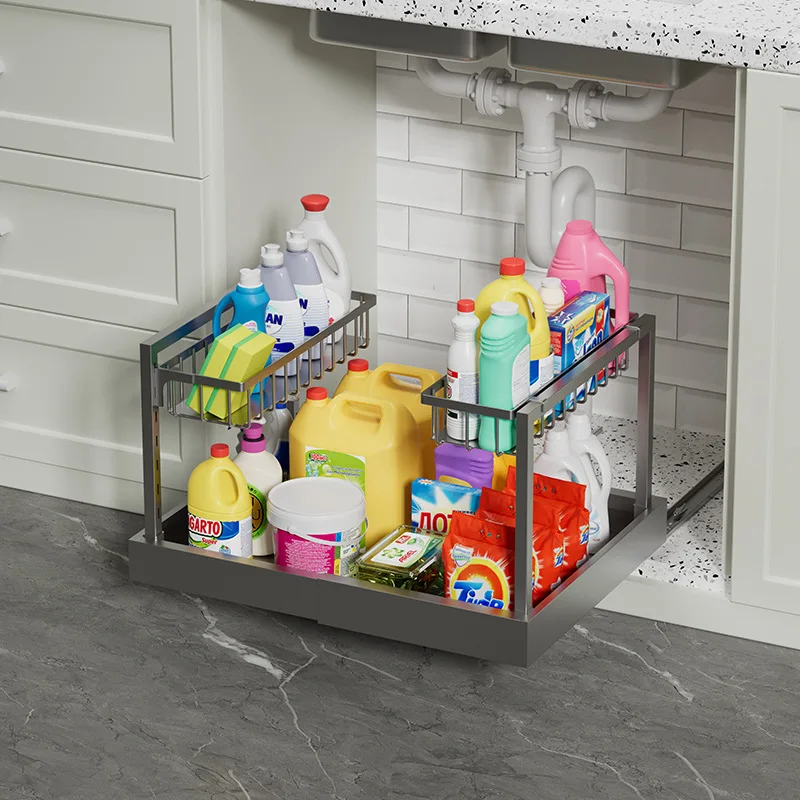 Retractable Kitchen Sink Storage Rack Cabinet Pot Rack Household Multi-layer Cabinet Layered Pot Storage Rack