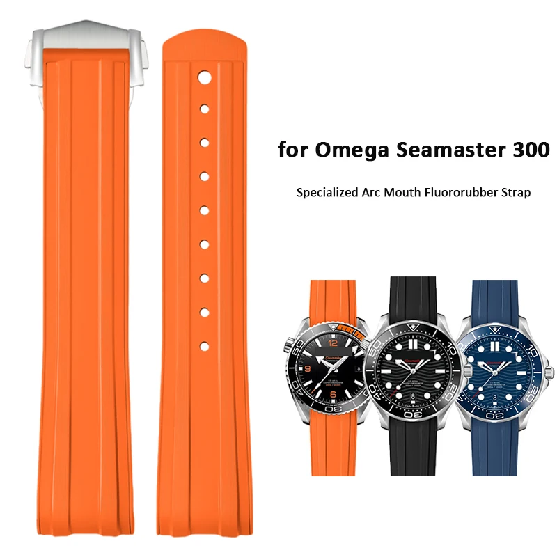 FKM Rubber Curved End Watch Band for Omega Seamaster 300 Series Fluororubber Diving Sport Folding Buckle Strap Watchband 20mm