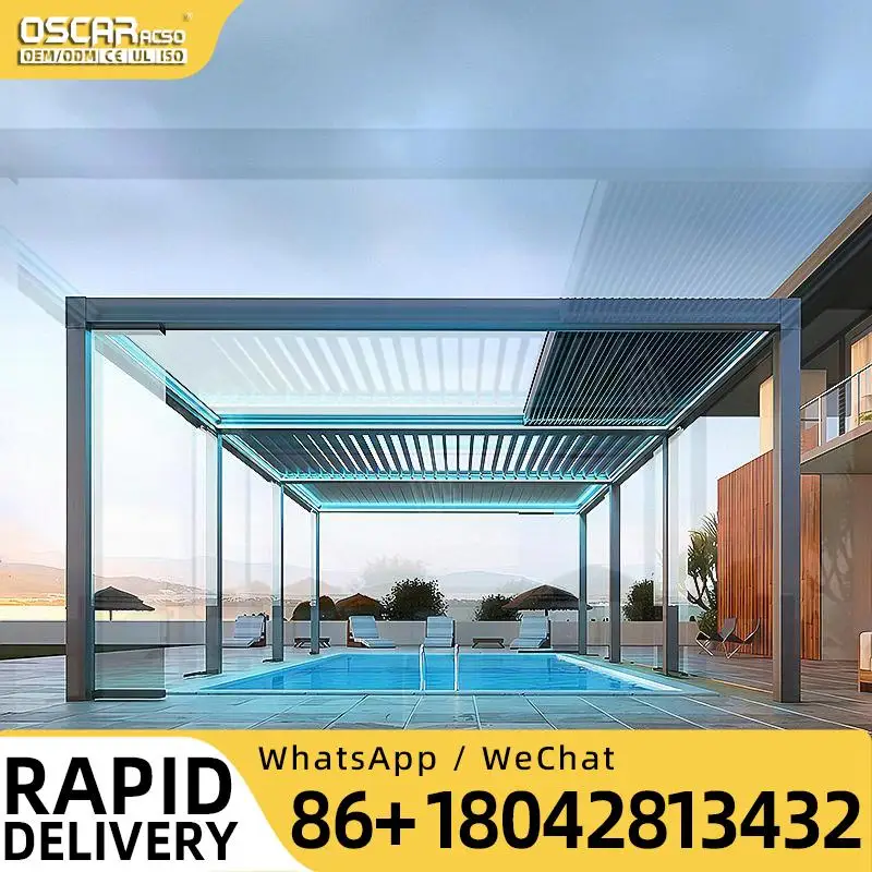 4x6m 6x7 10 Square Meters Bioclimatic Aluminum Outdoor Pergola for Terrace With Blinds and Sliding Glass Door Louver Pergola