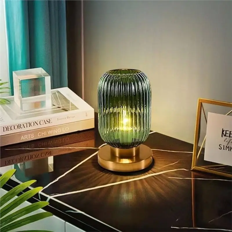 ABGG-Modern Minimalist Atmosphere Bedroom Desk Lamp,Touchable Green Glass Lampshade, Small Glass Light Source