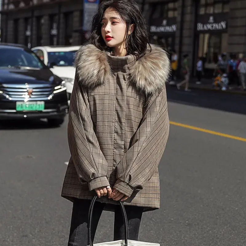 New Women Large Fur Collar Plaid Padded Jacket Autumn Winter Long Hooded Parker Outerwear Loose Female Thick Warm Cotton Clothes