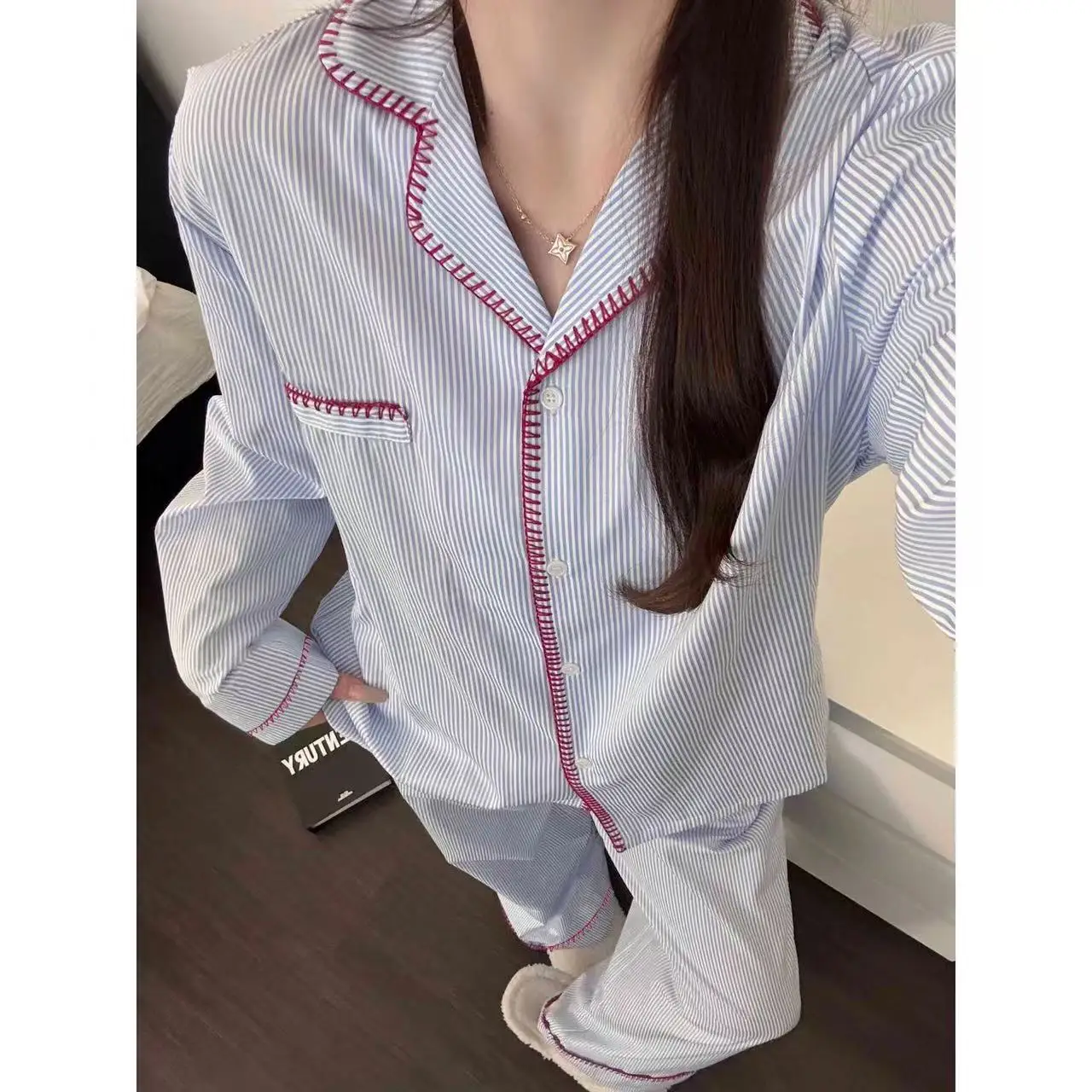Conjunto de Pijama de Manga Larga para Mujer, Diseño de Rayas Azules, Algodón Nube, Ropa de Dormir Cómoda para el Hogar, Estilo Dulce, Nuevo Estilo de Otoño