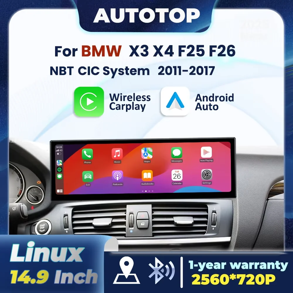 14.9“ 2560*720P Wireless CarPlay Android Auto Autoradio Multimediale Per BMW X3 F25 X4 F26 2011-2017 CIC NBT Bluetooth GPS Stereo