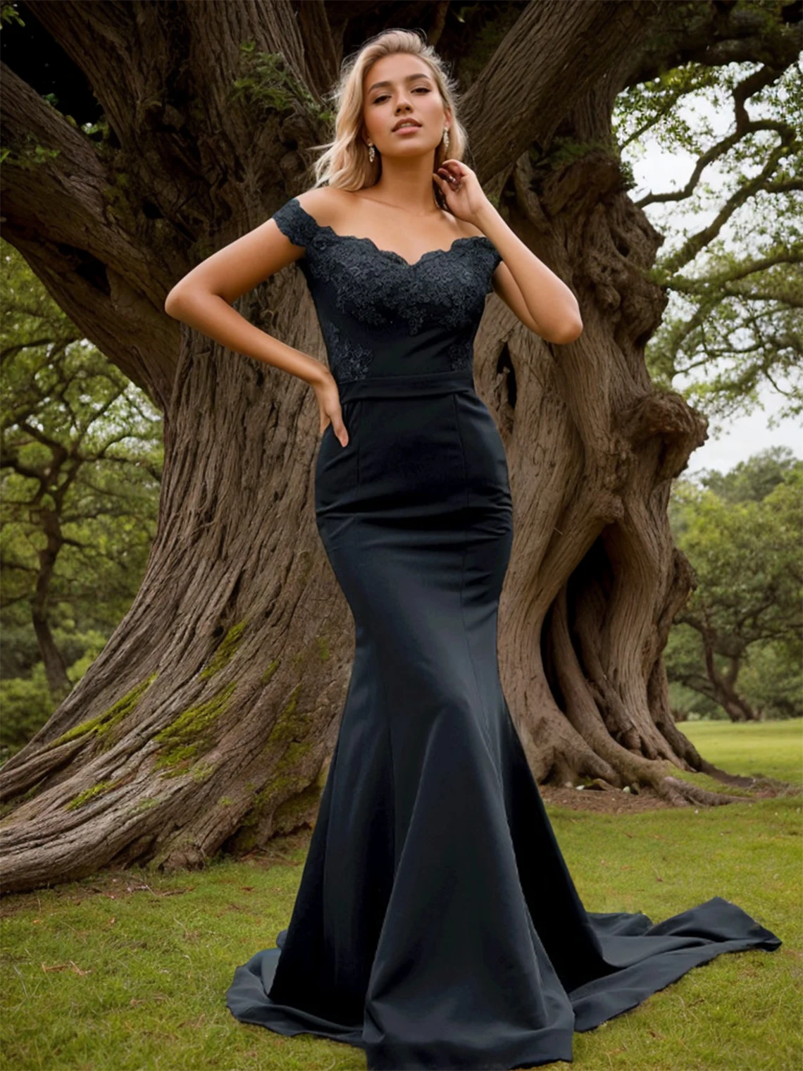 

Elegant Mermaid Evening Dress Off-the-Shoulder Appliques Cap Sleeve Stretch Fabric Sweep Train Formal Dress 2025 Free Customized