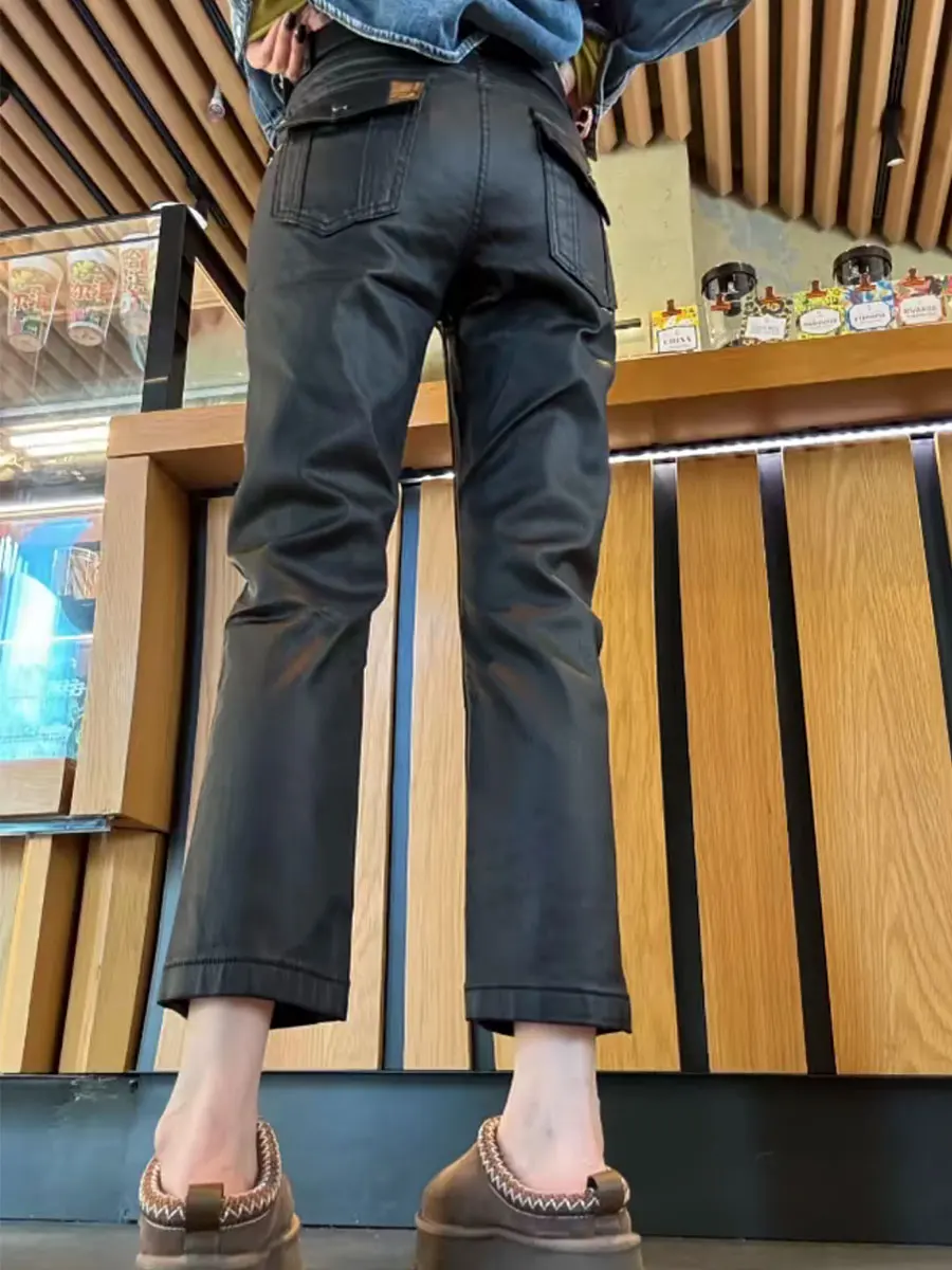 

High Waist Straight Leg Materni Jeans Women's Autumn Winter Slimming Ankle Length Coat Friendly Soft Cotton Casual Pants