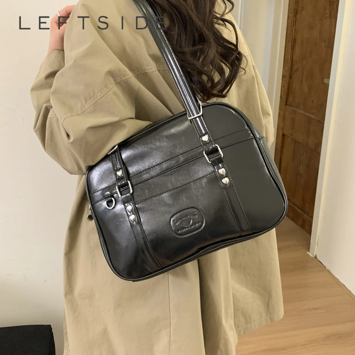 

LEFTSIDE Vintage Style PU Leather Shoulder Bag for Women Retro Solid Color Korean Fashion 2025 New Trend Tote Purse Handbags