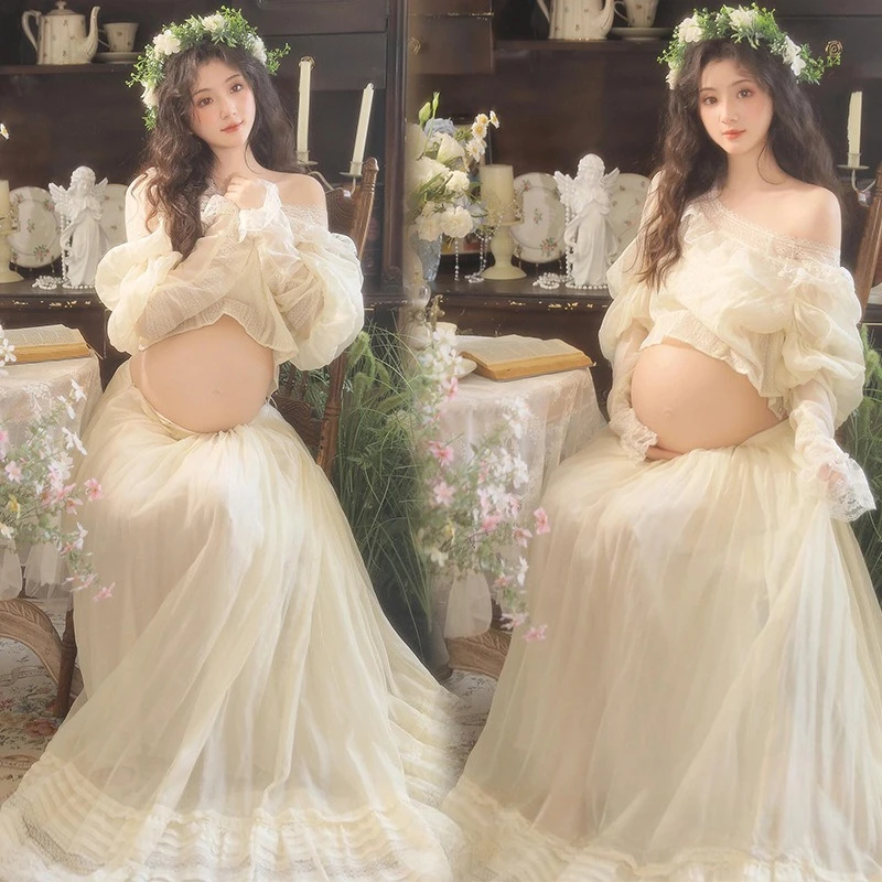 

Women Photography Props Elegant White Elegant Dresses Set for Ruffles Top with Long Skirt 2pcs Studio Shooting Photo Clothes