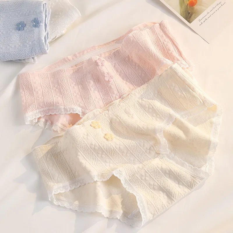 3PCS Women's Panties Soft Lace Traceless Jacquard Mid-rise Breathable Pure Cotton Underwear Briefs Comfortable Intimates