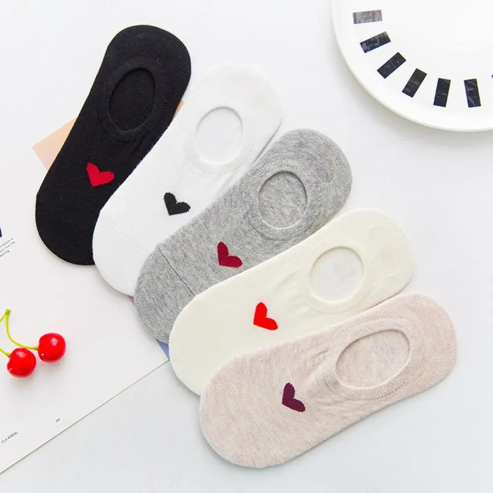 

5Pairs Breathable Love Heart Boat Socks Sweet Low Cut Short Tube Socks Anti Slip Female Hosiery Invisible Socks Daily