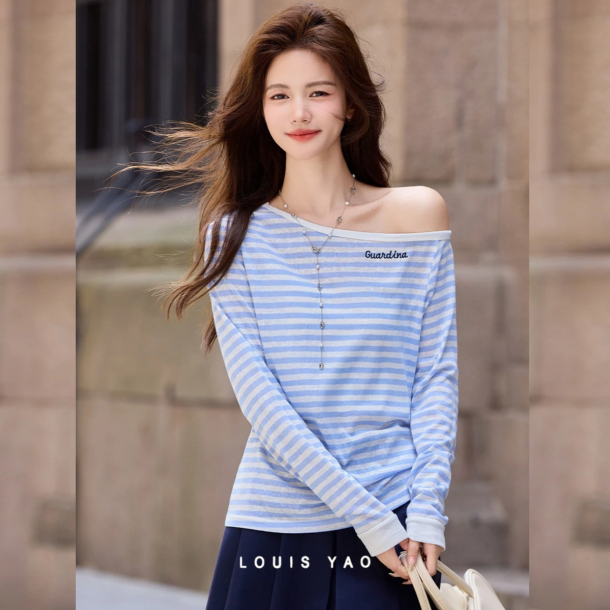 LOUIS YAO Fashion Striped Women Shirt 2026 Autumn Slight Stretch Color‑Block Embroidery Casual Off‑Shoulder Long Sleeve T‑Shirt