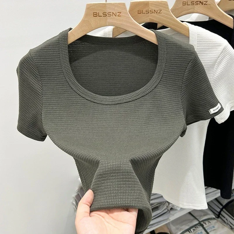 

Pop Summer New Short Sleeve T-Shirt Women Solid Simple Casual Soft All-Match Hot Basic Grid Crop Tops Fashion Tees