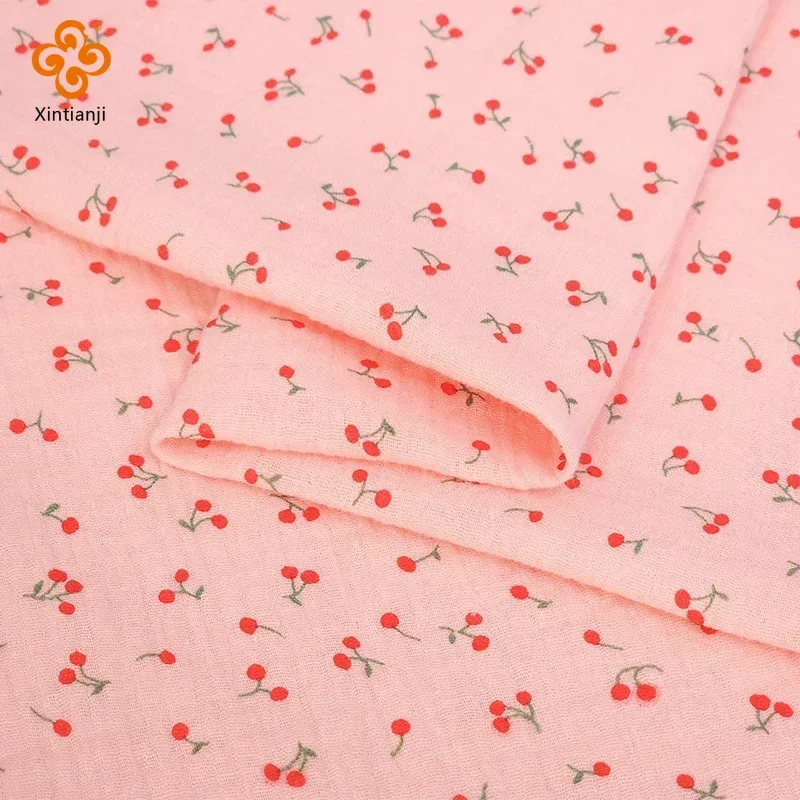 1m/2m/5m 100% Cotton Crepe Fabric Double Layer Cherry Print Gauze Children Pajamas Quilt Fabric DIY Sewing Blanket Material