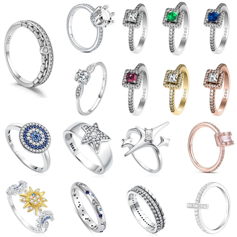 New Sparkling Stars Moon ring 925 silver Classic Dazzling Square Zircon Ring Exquisite Women Light Luxury Jewelry wedding Gifts