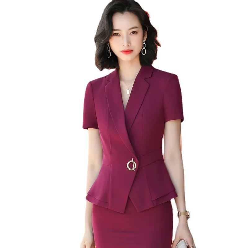 

Summer Office Elegant Ladies Skirts Suit Short Sleeves Slim Formal Lapel Jacket Blazers Work Clothes Set