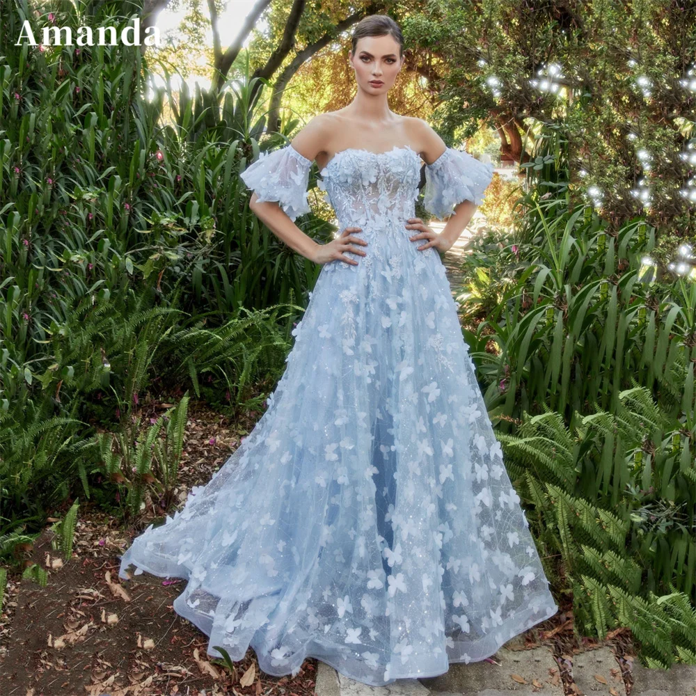 

Amanda Butterfly Lace Embroidery A-line Prom Dress Off Shoulder Backless فستان حفلات الزفاف Sweet Puffy Sleeve vestidos de festa