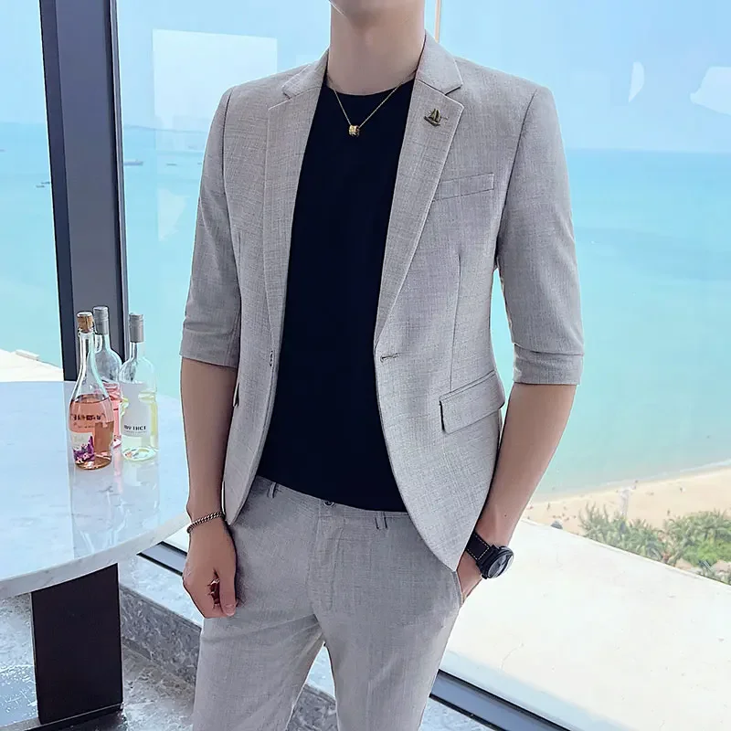 

2023 Summer New Men's Wedding Dress Suit Men's Fashion Slim Suit Business Formal Party Half Sleeve 2-piece Barber Casual Suit