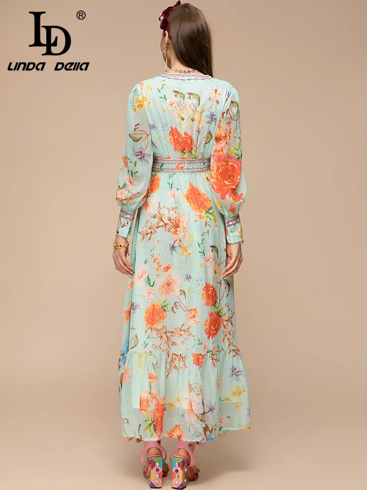 LD LINDA DELLA New 2023 Spring Summer Fashion Women Vintage Elegant Big Swing Long Dress V-Neck Button Slim Floral Print Dress