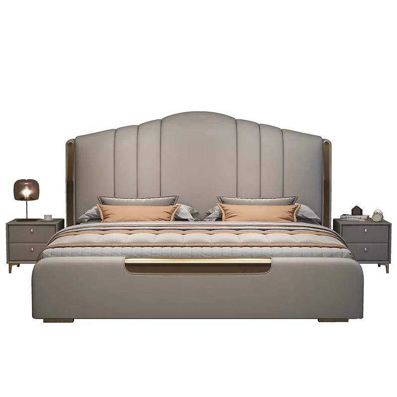 

modern light luxury storage wedding bed, genuine leather bed household soft bag leather art bed