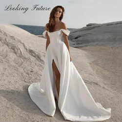 Aangepaste elegante satijnen zeemeermin trouwjurken 2025, strapless off-shoulder zijsplit bruid gewaad knop vestidos de novia