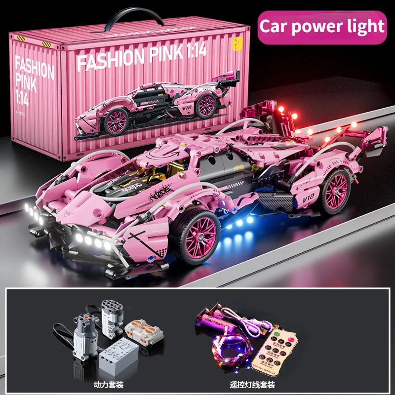 1：14 Pink V12 Block Roadster RC Tech Racer 1:14 DIY Roadster building block assembly Block car toy birthday gift