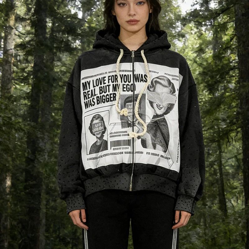 

Y2K Autumn Winter Fashion Hip Hop Punk Grunge Casual Coat Vintage Portrait Letter Printed Funny Long Sleeve Loose Zipper Hoodies