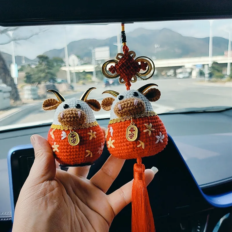 Handmade Yarn Weaving Chinese Knot Car Ping An Lucky Cow Hanging Ornaments Finished DIY Gift Material Bag