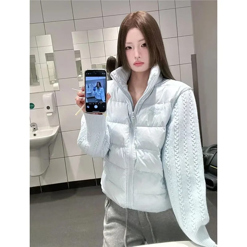 

Ladies Fashion Joker Twist Long Sleeve Knit Design Stitching Cotton-Padded Jacket Coat Autumn Winter Female Cotton-Padded Jacket