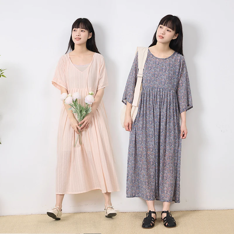 

Annuus Summer Loose 2-Piece Set Women's Dr Long Sve Floral Print Cotton Sweet Sle round Ne ort Sve Gown