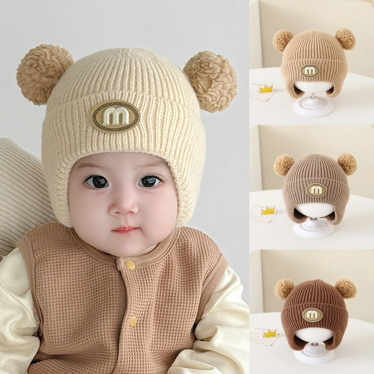 

Cute Plush Ball Beanie Baby Ear Protection Knit Hat Winter Warm Newborn Pullover Cap 4-18M Kids Woolen Caps Double Pompom Bonnet