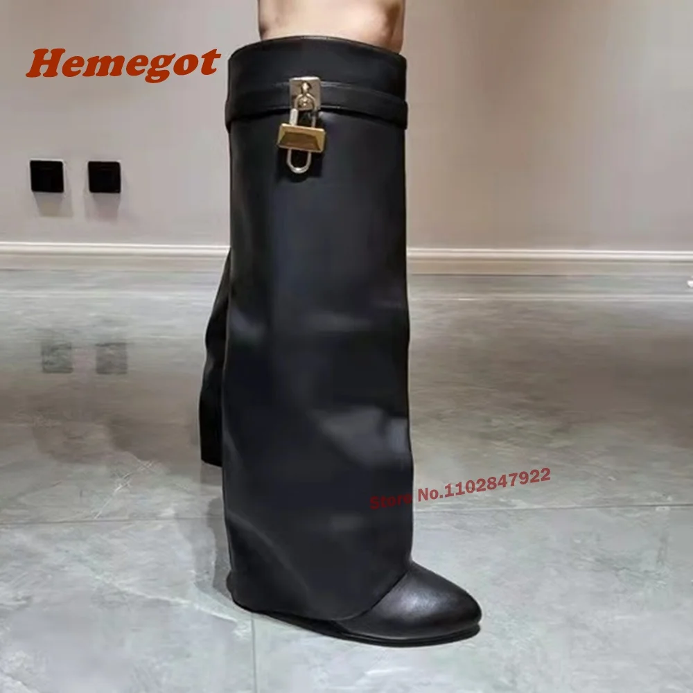 Black Padlock Wedges Leather Boots Round Toe Knee High Shark Boots Winter Luxury Runway Shoes Plus Size 43 High Heels Women\'s