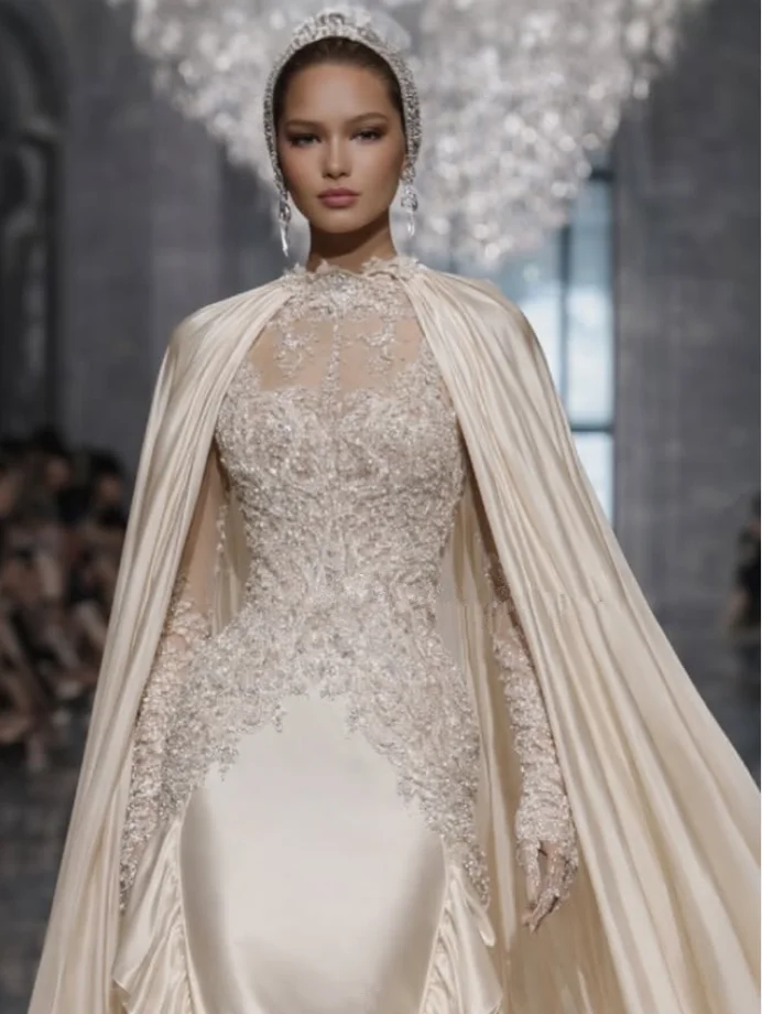 Champagne Muslim Caftan Wedding Dresses with Cape Wrap Luxury Long Sleeve High Neck Church Bridal Gown Garment Customized
