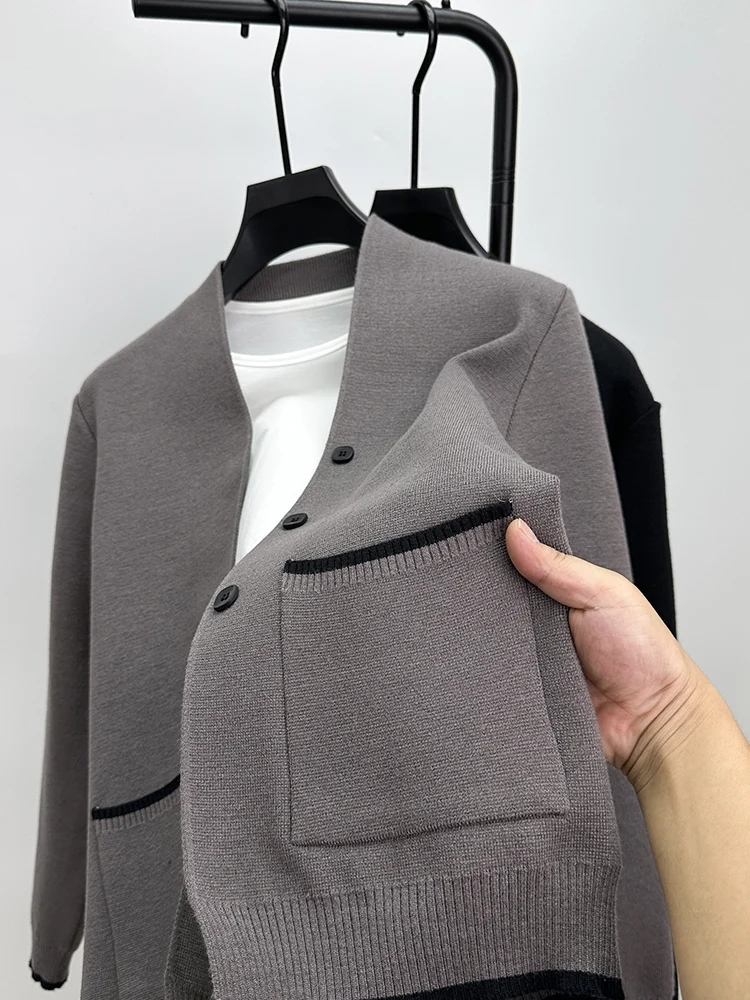 

Модный мужской вязаный кардиган с V-образным вырезом, весенне-осенний, повседневный, приталенный, с длинным рукавом, из полиэстера, с карманами, на пуговицах