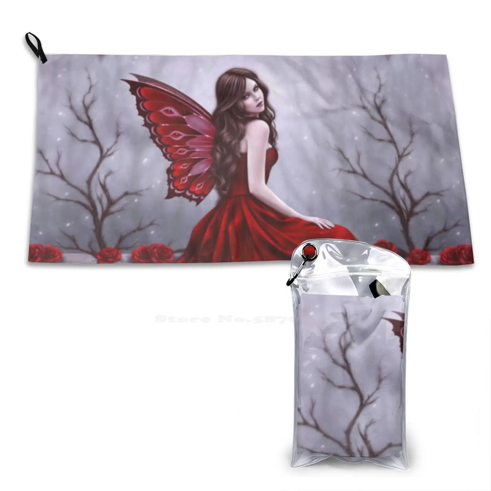 Winter Rose Butterfly Fairy Soft Towel Quick Dry Beach Towel Fairy Fantasy Gothic Butterfly Rose Red Winter Snow Christmas