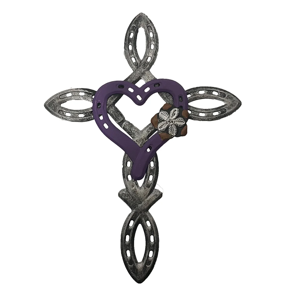 Natural Horseshoe Cross with Heart, Metal CAU30t Cross Horseshoe Heart Decor, Rustic Metal Cross Sign Spiritual Purple