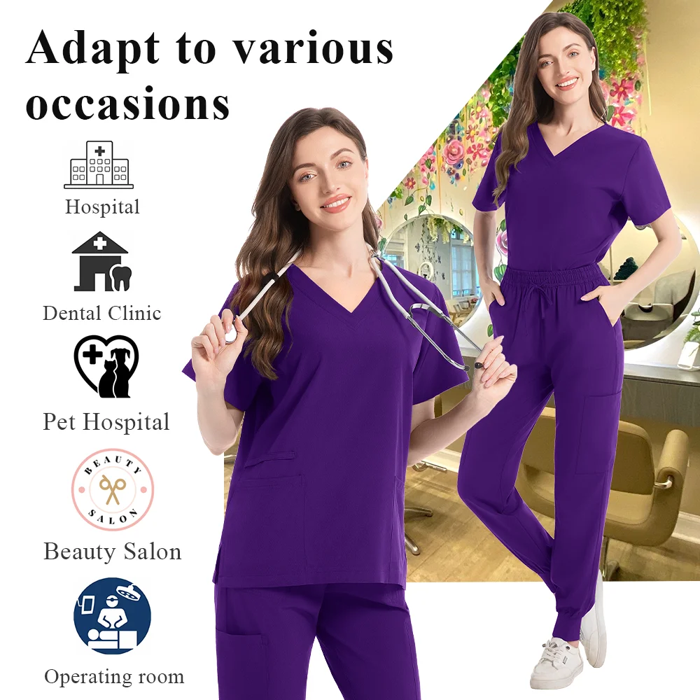 ジョガースーツ女性のナーススクラブセット医療臨床服ドクター看護制服半袖 V ネックトップスポケットパンツ