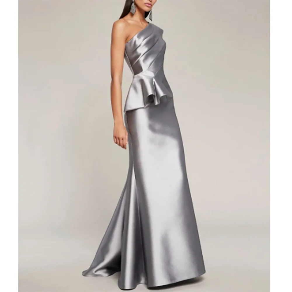 

Pretty Silvery Women Prom Dresses One Shoulder Strapless Slim Fit Floor Length Trumpet High Quality Smart Evening Party Gowns